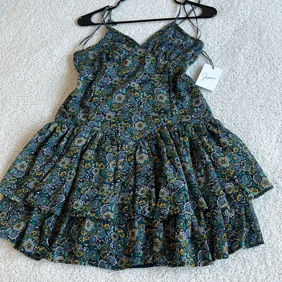 JAPNA Blue Floral Drop Waist Ruffle Hem Mini Sleeveless Boho Dress Sz Small - Picture 9 of 9